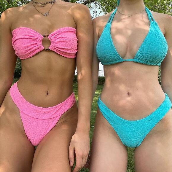 KB KINIS| Cheeky Bikini Set‎ Textured Floral Print Azalea Pink Tie-Back Top Sz S - Picture 10 of 15